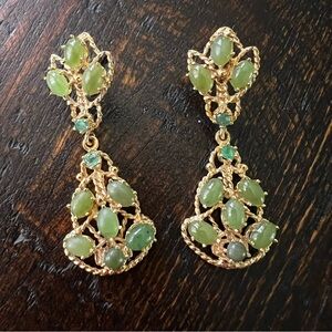 14k Yellow Gold Jade And Emerald Dangle Earrings